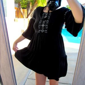 Black Dress Hippy Boho Midi Dress Half Sleeve Aztec Embroidery Trendy Fairy